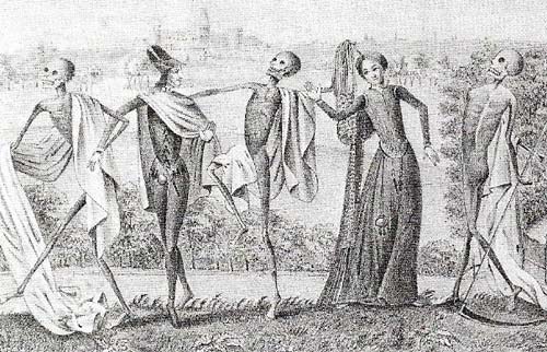 The Dance of Death or <em>danse macabre</em> shows death in the role in which he appeared in late medieval popular mythology.