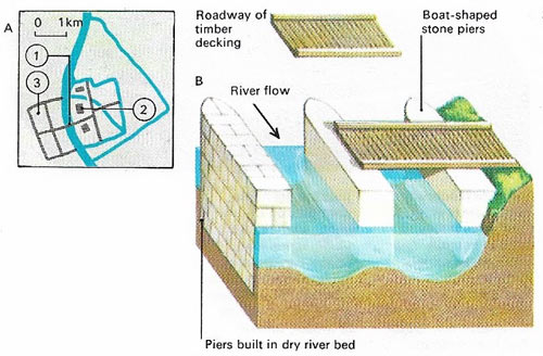 This drawing of the Euphrates bridge (B) at Babylon has been projected from ancient records. (A) The bridge (1) connected the old city (2) with a newer residential suburb on the west bank (3) of the river.