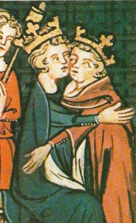 John gives he traditional kiss of peace to Philip II Augustus, King of France