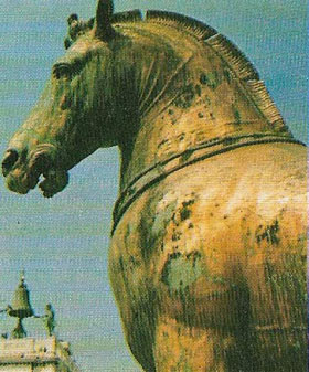 The sixth-century Quadriga of Lysippus, four splendid bronze horses taken during the sack of Constantinople (1204), still stand over the portal of St Mark's, Venice.