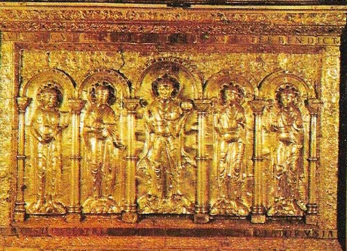 This large altar-frontal of beaten gold was given to Basle Cathedral by the German emperor Henry II (c. 1019).