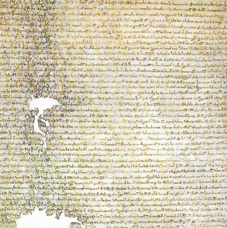 A copy of Magna Carta (one of only four official copies to survive) symbolizes the acknowledgment of the fact that the monarchy is subject to the law of the land.