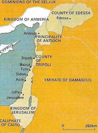 The four Crusader states comprised the County of Edessa (founded 1098), the Principality of Antioch (1098), the Kingdom of Jerusalem (1099), which claimed the overlordship, and the County of Tripoli (1109).