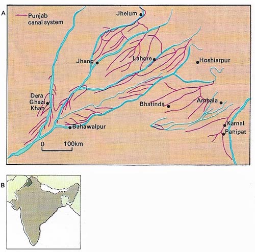 A system of irrigation canals in western Punjab, constructed by British engineers, was one of the major engineering achievements of the 19th century.