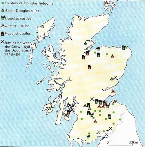 The Black Douglas family's conflict with a succession of Scottish kings well illustrates the struggle between the nobility and the Crown in medieval Scotland.