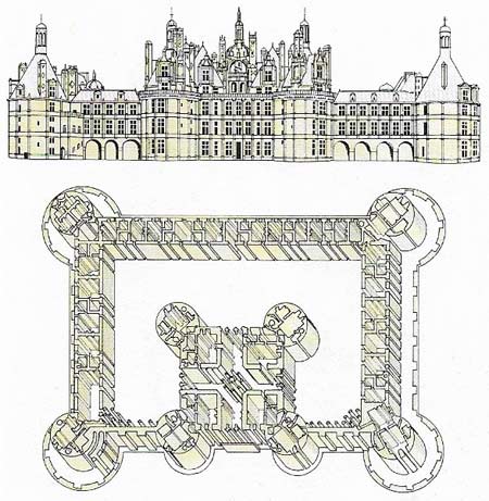 Chateau de Chambord was begun in 1519 and its architect was probably Dominica da Cortona, although the only real traces of Italian planning are in the cruciform keep.