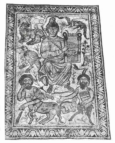 Mosaic from an early Christain church in Jerusalem depicts Christ as Orpheus, taming wil beasts with the music of his lyre.