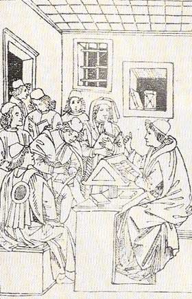 The woodcut shows a lecture being delivered by Cristoforo Landino.