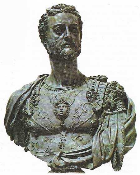 Cellini's bronze bust of Duke Cosimo I of Florence was made between 1545 and 1547. Cosimo was a Medici who was created Grand Duke of Tuscany in 1569.