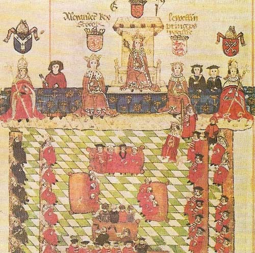 Edward I sits in Parliament with kings of Scotland and Wales in this contemporary illustration, but in fact they never attended together.