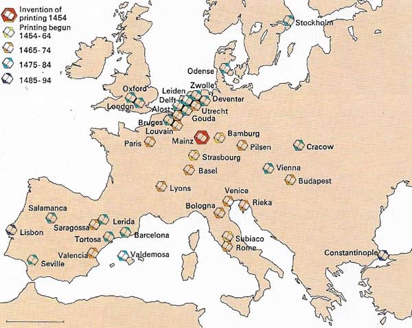 The map shows those European cities that had sizeable printing presses between 1454 and 1494.