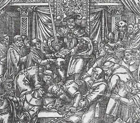  Henry VIII, assisted by Cranmer, tramples the pope underfoot while monks wring their hands in despair, in this contemporary cartoon.