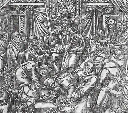 Henry VIII, assisted by Cranmer, tramples the pope underfoot while monks wring their hands in despair, in this contemporary cartoon.