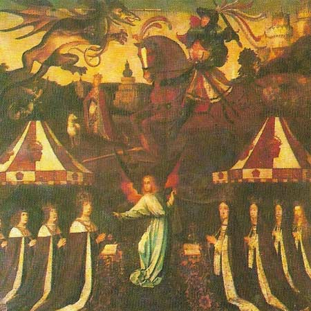 Henry VII and his queen with their children are depicted with St George and the dragon on this altarpiece, probably made for the royal palace at Sheen.