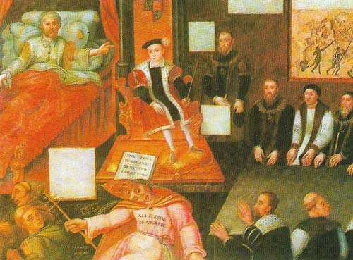 Henry on his deathbed is shown giving pious instructions to his young son, Edward VI, to ensure the stability of the Reformation.