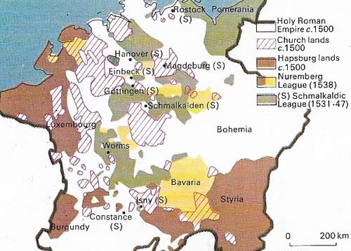 The Holy Roman Empire, in theory the political expression of the Catholic Church, was in practice a grouping of rival German states.