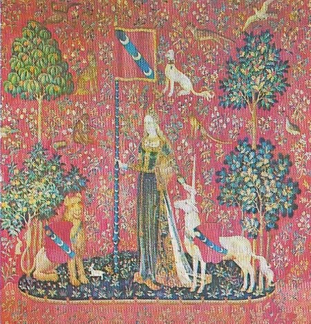 The six French tapestries of the 'Lady with the Unicorn' in Paris, were made about 1500 for the Le Viste family and illustrate the five senses, the sense of taste is shown here.