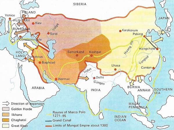 Despite the terror which the Mongols inspired, their domination of large areas of Asia and parts of Europe led to the development of trade routes used by traders of many nations in the 13th century.