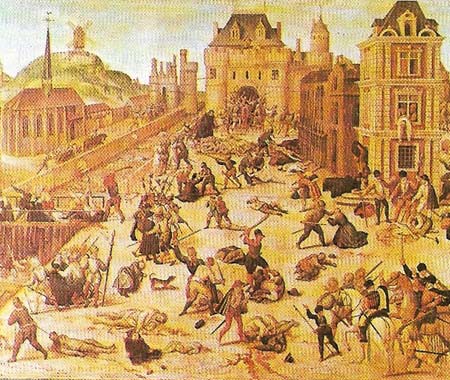 The Massacre of St Bartholomew’s Day – 24 Aug 1572 – was a slaughter of French Protestants (Huguenots).
