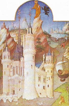 Mehun-sur-Yevre, the favorite castle of the Duc de Berry, was made even more fantastical in this illustration to his manuscript, the Tres Riches Heures, by the Limbourgs, than it was in reality.
