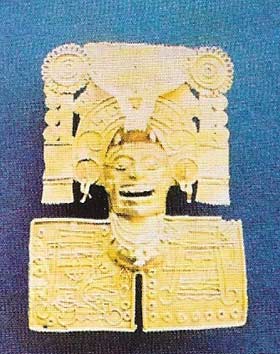 This head is one of superb pieces of Mixtec gold work discovered in 1932 in the excavation of Tomb 7 at Monte Alban.