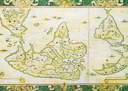 Nicolas Deslien's 'upside-down' map of the world of 1567, based on lost Portuguese originals, shows how radically the European view of the world was changing as exploration continued.