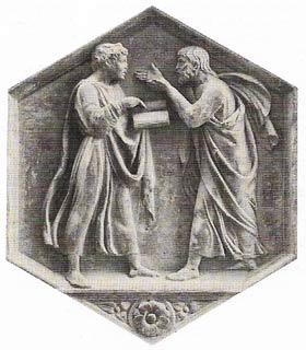 The Florentine academies were often modelled on those of Plato and Aristotle, who are pictured here engaged in animated discussion in a relief by Giotto (1266-1337) from the campanile of the Duomo in Florence.