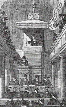 A Puritan church, shown here in a 17th century illustration, was sparsely furnished and austere.