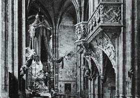 The Royal Pew in St Vitus' Cathedral, Prague, demonstrates a different illusionism from that of the Church of St Lorenz.