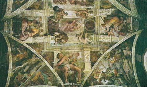 Michelangelo’s painting of the ceiling of the Sistine Chapel on the Vatican was commissioned by Pope Julius II, who asked Michelangelo to paint the 12 Apostles. The artist, of we believe his account, said this was a poor scheme and was given a free hand. The principal figures, on the supports of the dome, are 7 prophets and 5 sibyls, representing revelation to Jews and Gentiles. Down the center is a sequence of 9 Old Testament subjects, from the Creation (shown here) over the altar to the Drunkenness of Noah, illustrated an epoch of religious history not previously represented in the chapel. The first half was unveiled in August 1512; this second part was completed a year later.