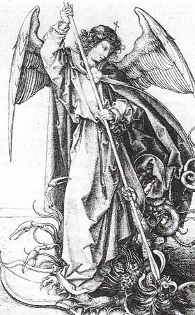Martin Schongauer's engraving of St Michael (c. 1475) is closely related in style to contemporary German wood sculpture.