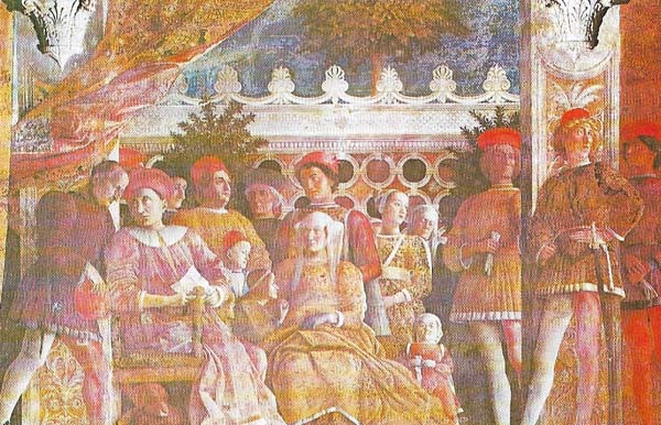 In Andrea Mantegna's fresco 'The Gonzaga Court' (c. 1470-1474), Ludovico Gonzaga sits, surrounded by his family and court, receiving a letter.