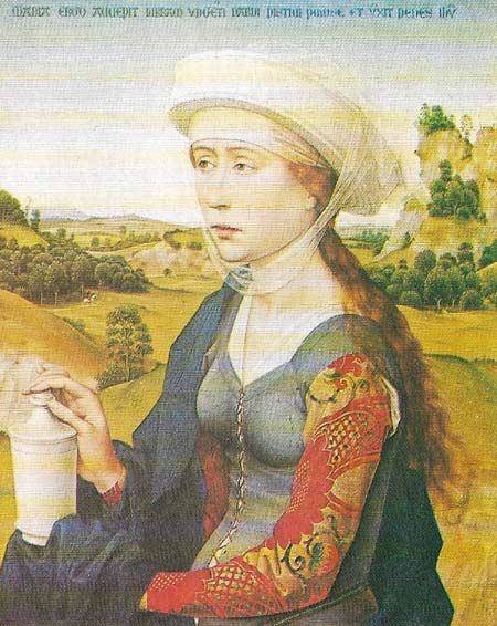 Rogier van der Weyden's 'The Magdalen' (c. 1451) is the right wing of a triptych, with Christ in the century flanked by the Virgin and St John, painted for Jean de Braque. The triptych was made immediately after Rogier's return from Italy and the simplicity of style and sense of order may reflect his experiences there.