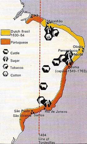 By the Treaty of Tordesilias of 1494 the Spaniards and Portuguese - at the instigation of Pope Alexander VI – agreed to a demarcation line between their territorial claims.