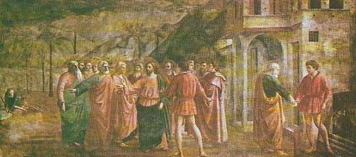 'Tribute Money' by Masaccio (c. 1427) is the dominant scene in a cycle of frescoes in the chapel of the Brancacci, S. Maria del Carmine, Florence, detailing the story of Peter.