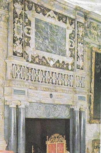 The ballroom of Knole House, Kent, has a rich chimney-piece of variously colored marble and alabaster (shown here) and a marble frieze in high relief of grotesque monsters, a typical effect of brilliant and barbaric splendor.