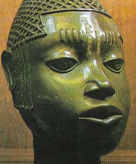 This detail of a bronze head from Benin lacks the finesse of very early Benin workmanship but, although heavier, still exhibits considerable skill.