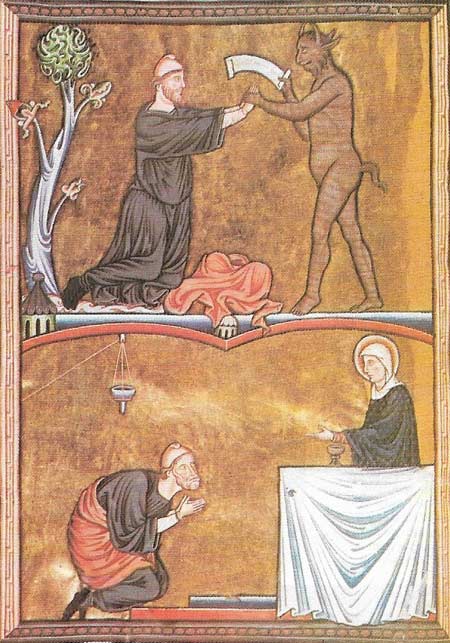 The ceremony of homage is shown in a metaphorical context in this 12th-century illustration of Theophilus paying homage to the Devil.