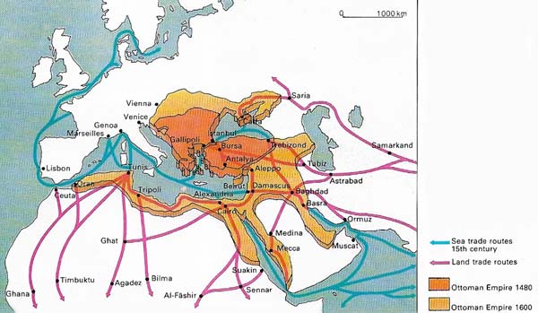 The major east-west trade routes were taken over by the Ottoman Empire as it absorbed the old Greek world.