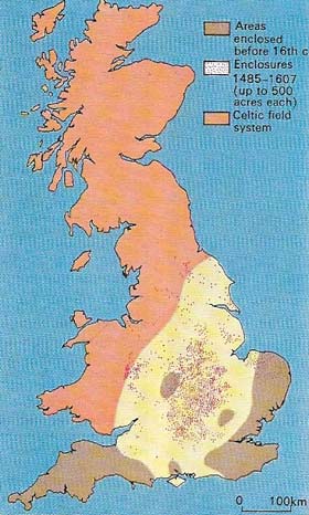 The enclosures of the Tudor period were mostly confined to the old 'champion' (midland) country and even there only 6% of the land was affected. Elsewhere enclosed fields had been used for centuries. Enclosure became less common after 1560.