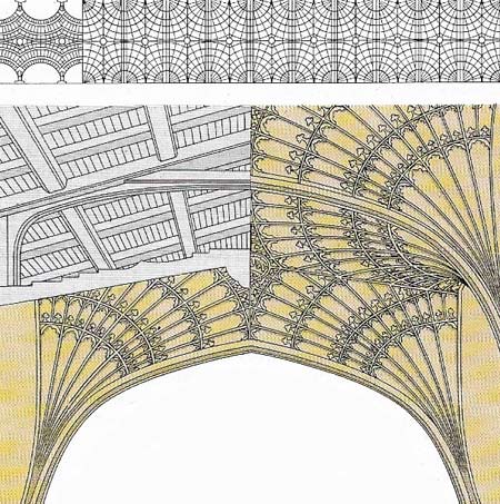 The fan-vault, King's College, Cambridge (1508-1515), by John Wastell, uses applied tracery as at Gloucester. The effect is delicate and contrived even on this scale.