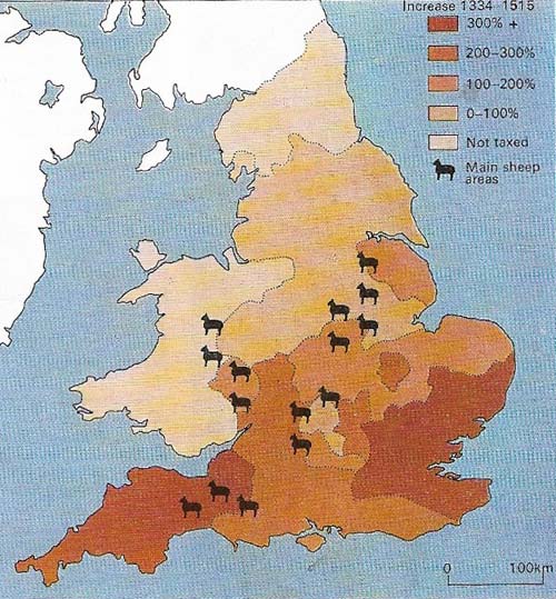 The center of wealth in medieval England shifted dramatically after the mid-14th century from the champion, or open, country of the Midlands, that concentrated on crops, to the sheep-runs and cloth-production areas of southwestern and southeastern England with their flourishing entrepôts of Bristol and London.