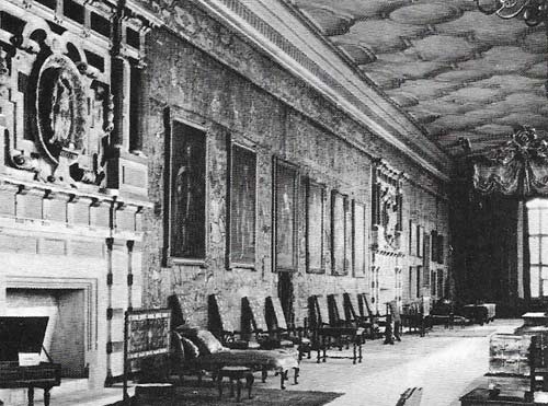 The long gallery, such as this one at Hatfield House, Hertfordshire, was a typical feature of the houses of Elizabethan nobility, many were built in the roof-space of the house and had good light and views.