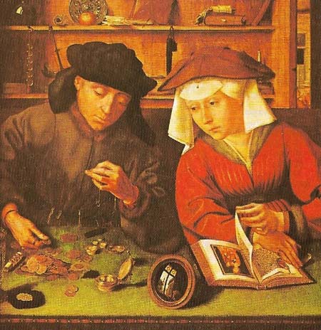 This painting by Quentin Massys (c. 1465-1530) shows the money-changer and his wife at work. For a small fee they would exchange gold for silver coins or the coins of one currency into another. 