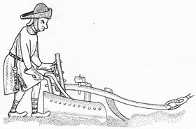 This twelfth-century plough, shown in a medieval manuscript of Gregory the Great's Moralia on Job, has a realistic look with its wheeled fore part and mould board to follow the cut and turn over the sods.