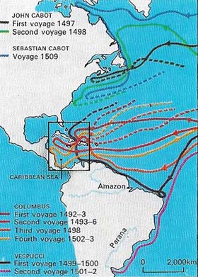 Westward voyages, until Magellan's circumnavigation, we're a gradual process of realisation that an uncharted continent lay between Europe and the Indies.