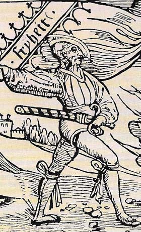 Political propaganda in Reformation Germany is typified by this woodcut of a figure brandishing the banner of freedom.