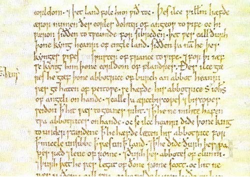 The Anglo-Saxon Chronicle, shown here in the version copied at Peterborough in 1122, is a vital source for knowledge of political history before the Norman Conquest.