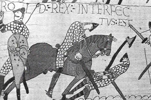 Harold was killed at Hastings either by an arrow in his eye or, as is more likely, by being cut down by a Norman horseman.