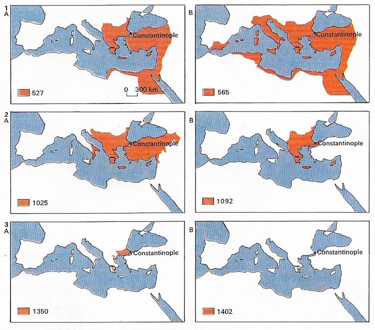 Maps showing the extent of the Byzantine Empire over time